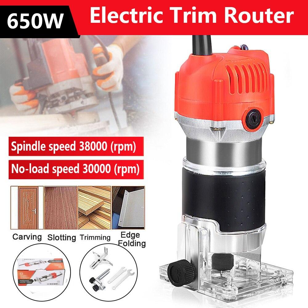 650W electric trim router with high-speed motor, ideal for carving, trimming, and edge folding in Home Essentials woodworking tasks.